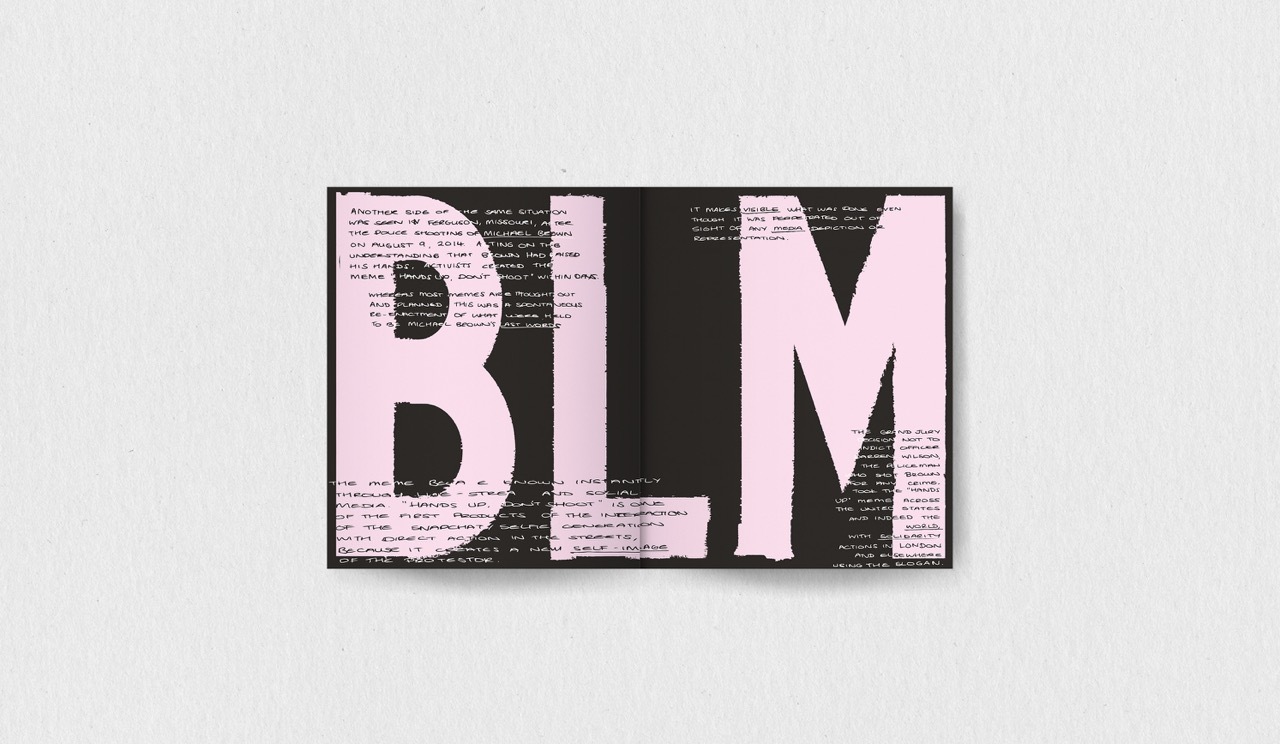 Booklet mock-up with large pink text: 'BLM' on a pink background, overlayed with handwritten text about police brutality.