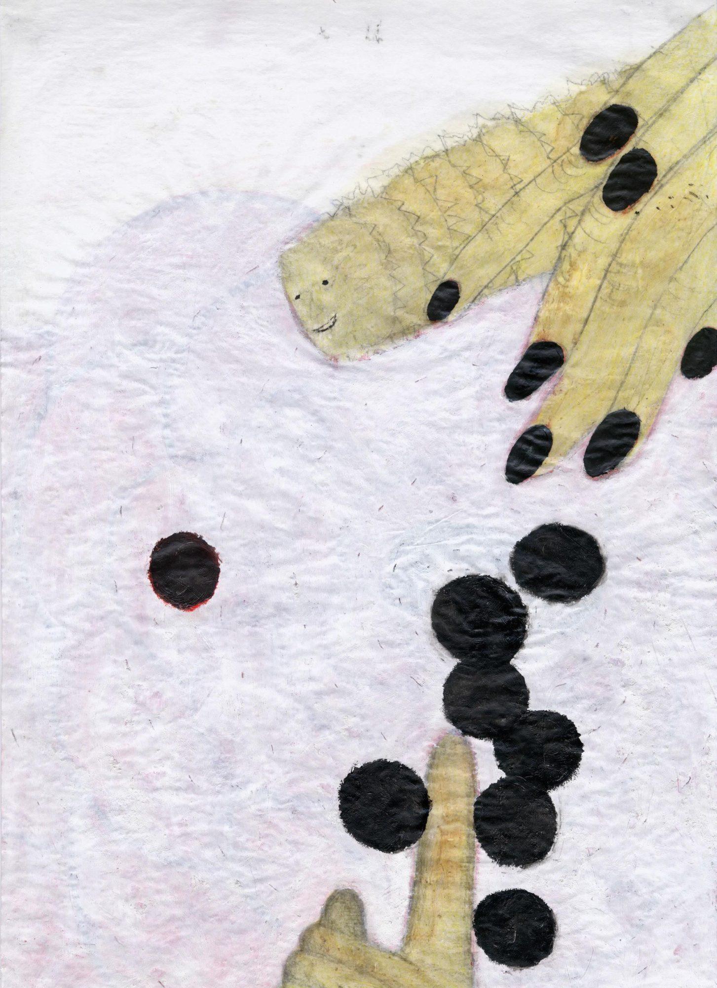 Yellow hands with black fingernails visible on a pale background