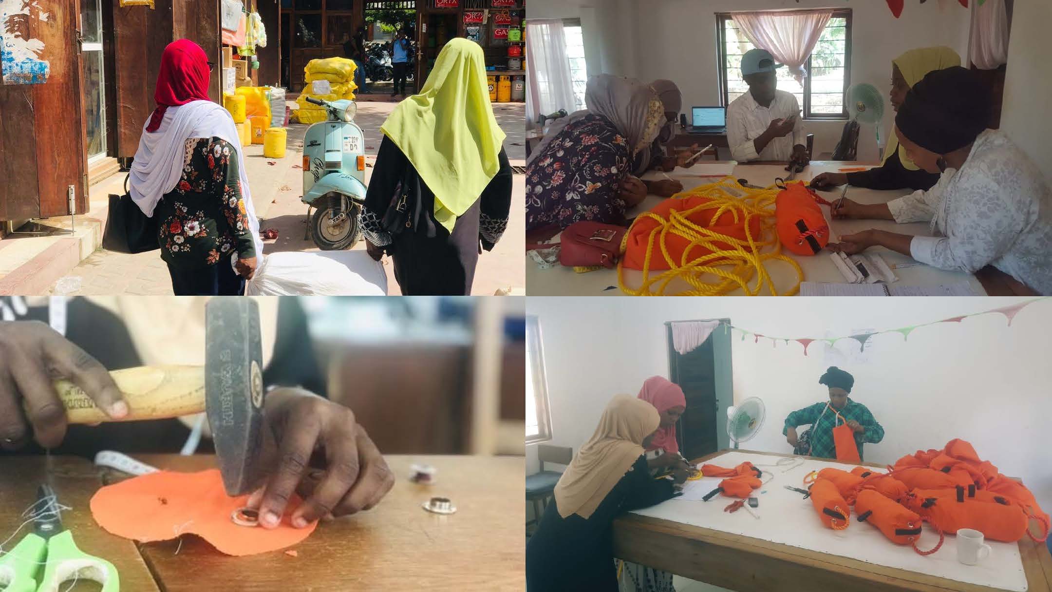 A collage showing women in colourful headscarves walking past a shop, working at a table with orange materials, cutting fabric with scissors, and arranging orange handmade items in a bright room.