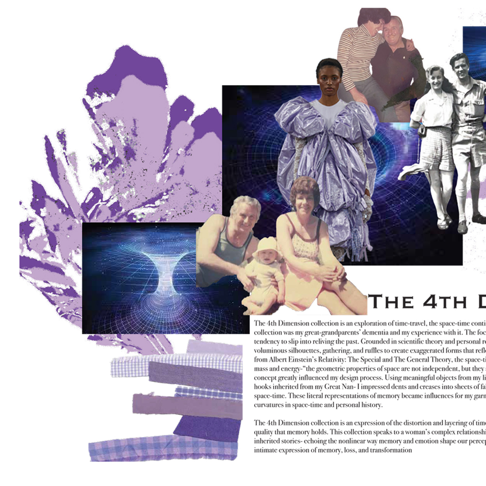 Digital collage with purple crystal shapes, blue geometric tunnels, black and white portraits, and text about "THE 4TH DIMENSION" collection.