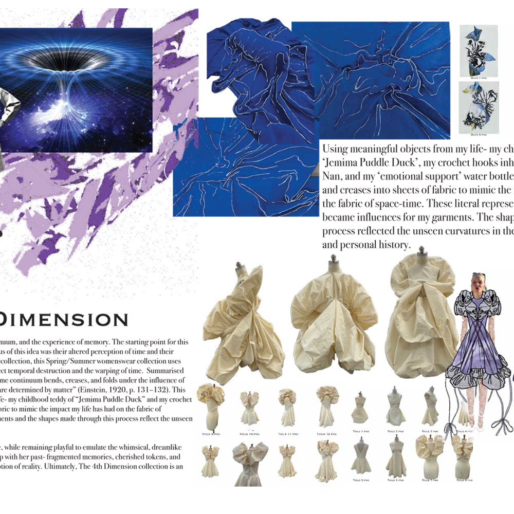 Fashion design mood board with blue space imagery, purple fabric swatches, beige garment sketches, and text describing dimensional design concepts.