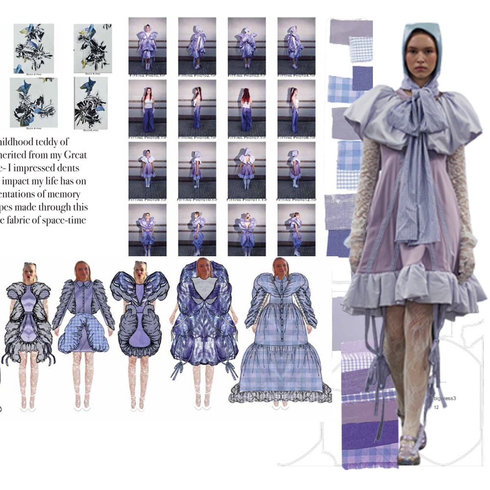 Fashion design mood board with botanical sketches, purple photo grid, illustrated dress designs, and model in layered purple garment.