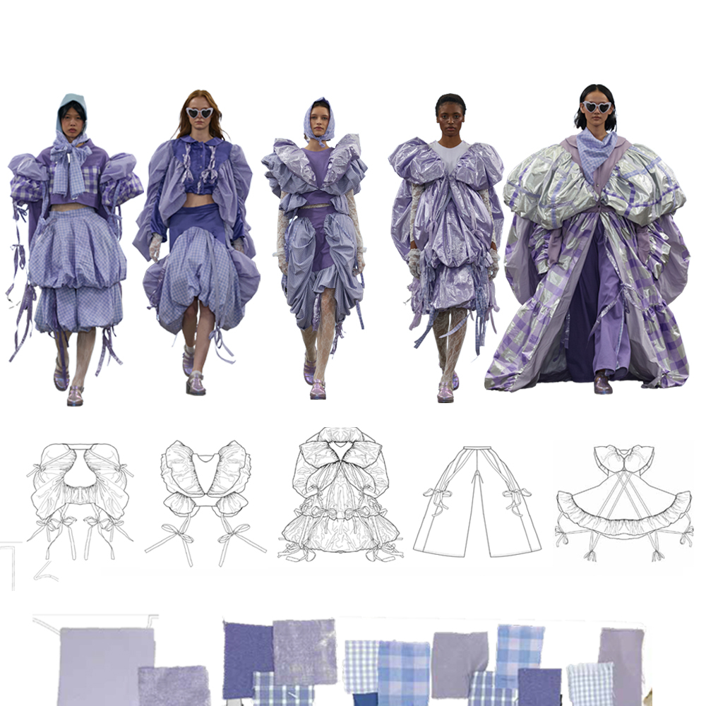 Five fashion figures in purple garments with voluminous sleeves and ruffled details. Below: technical sketches of garment construction and purple fabric swatches.