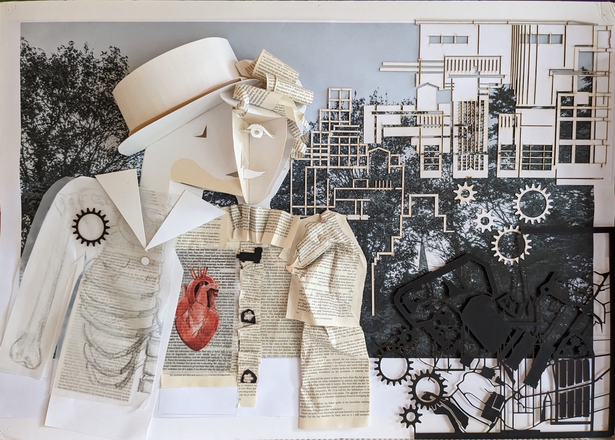 Mixed media collage featuring stylised figure in cream coat and hat with red heart detail, set against urban buildings and mechanical gears.