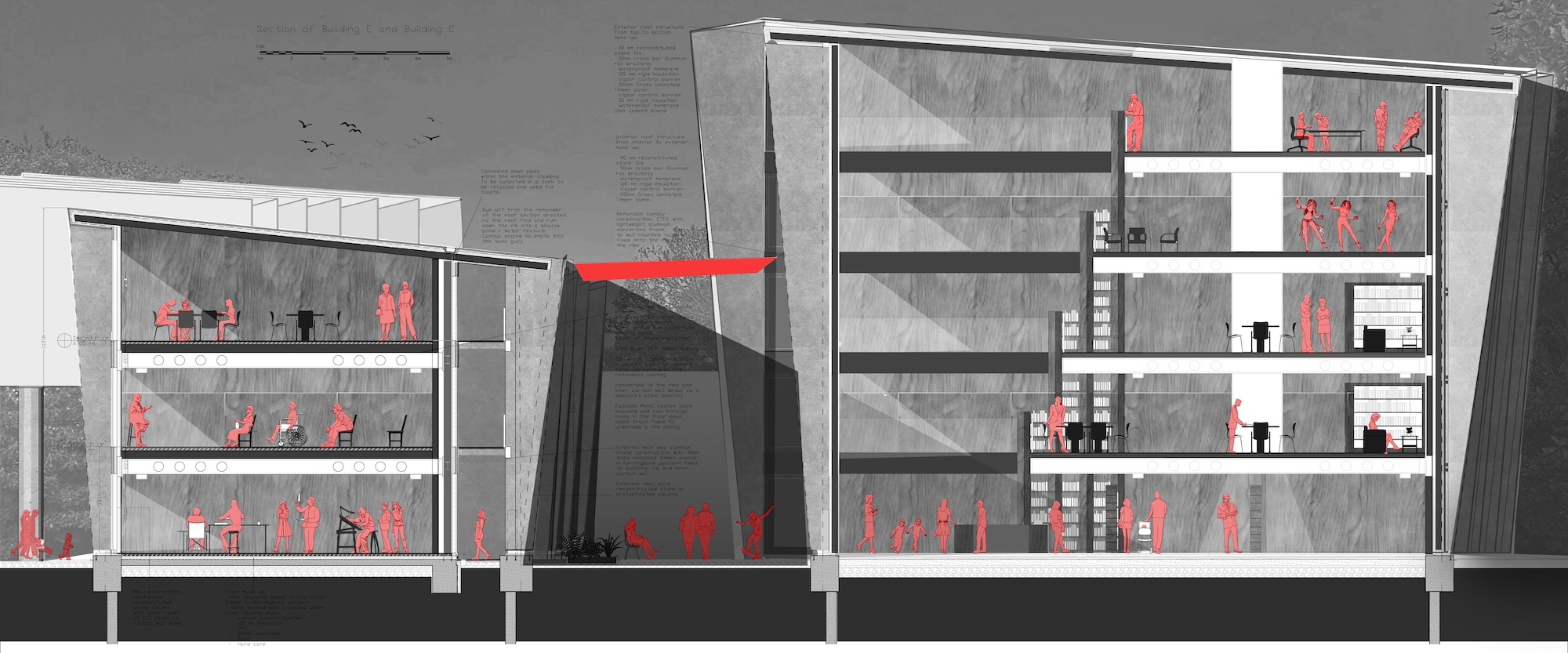 Cross-section illustration of multi-storey buildings in greyscale with red accent figures and objects throughout interior rooms and levels.