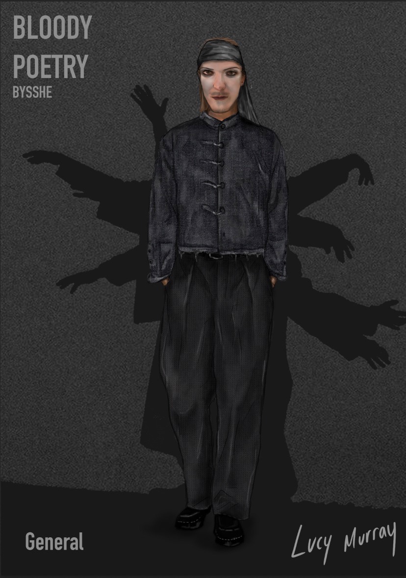 A full-length character illustration of Lucy Murray wearing dark clothing and a cap, standing against a grey textured background with wing-like shadows and the text 'Bloody Poetry' and 'Bysshe'.
