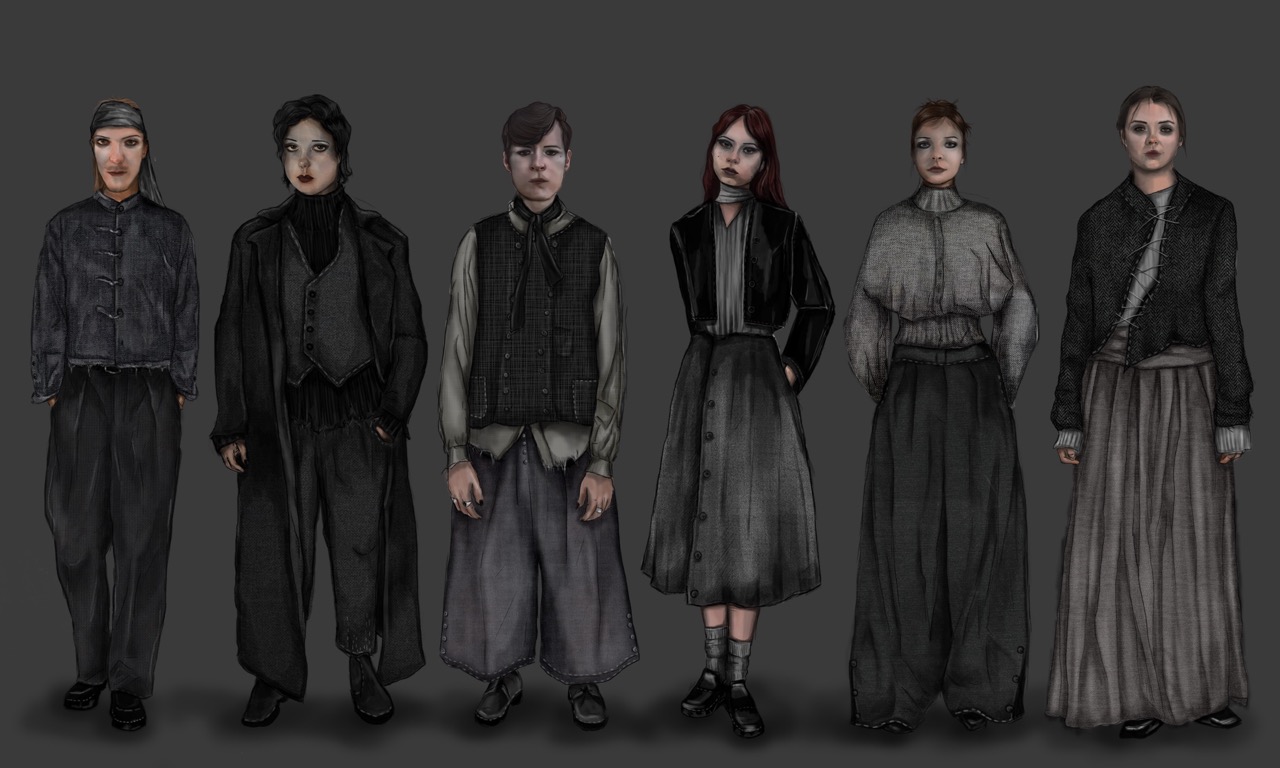 Six people stand side by side in dark, layered clothing against a plain grey background.