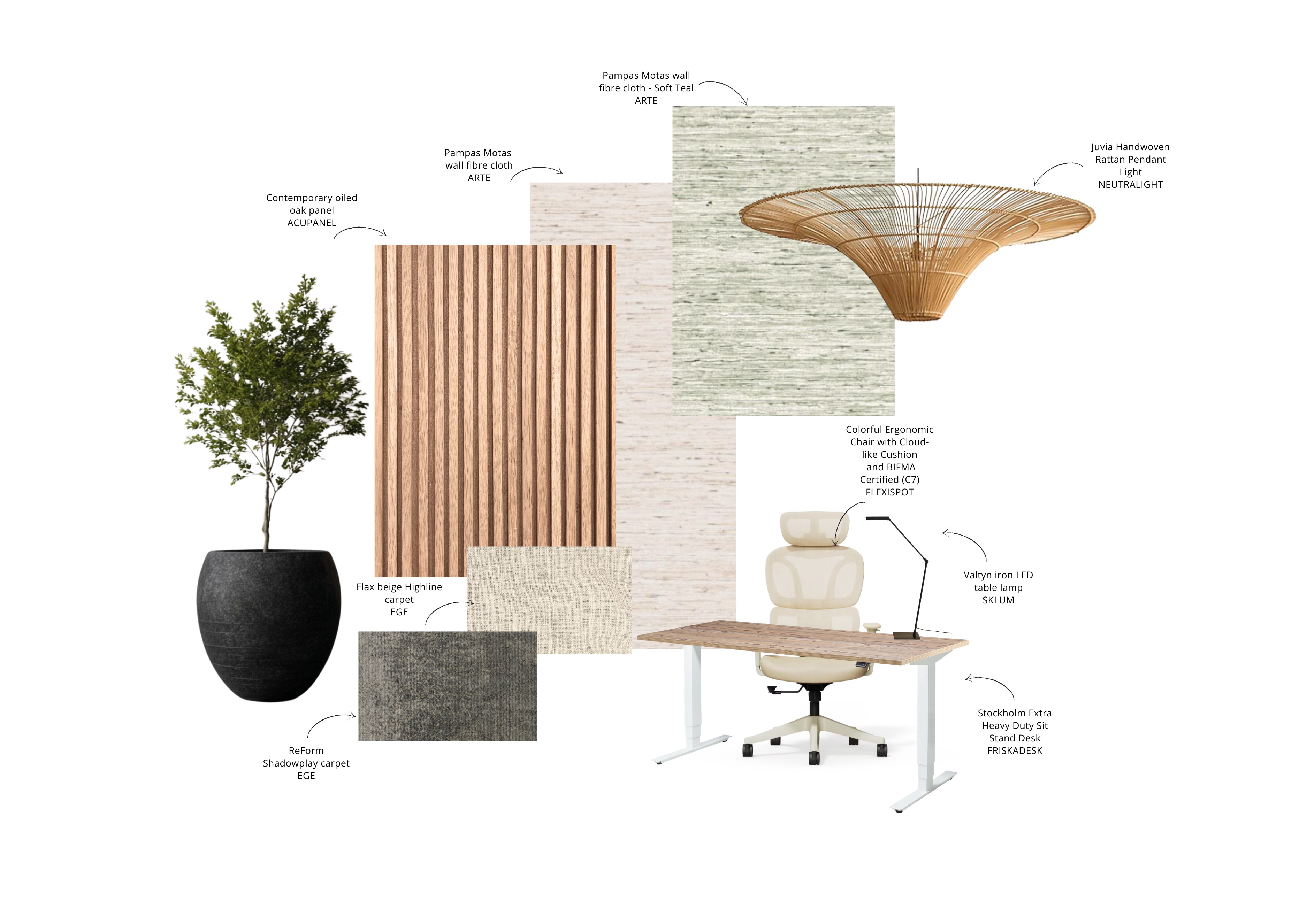 Interior design mood board with green plant in black pot, wooden slats, fabric samples, curved pendant light, and office chair.