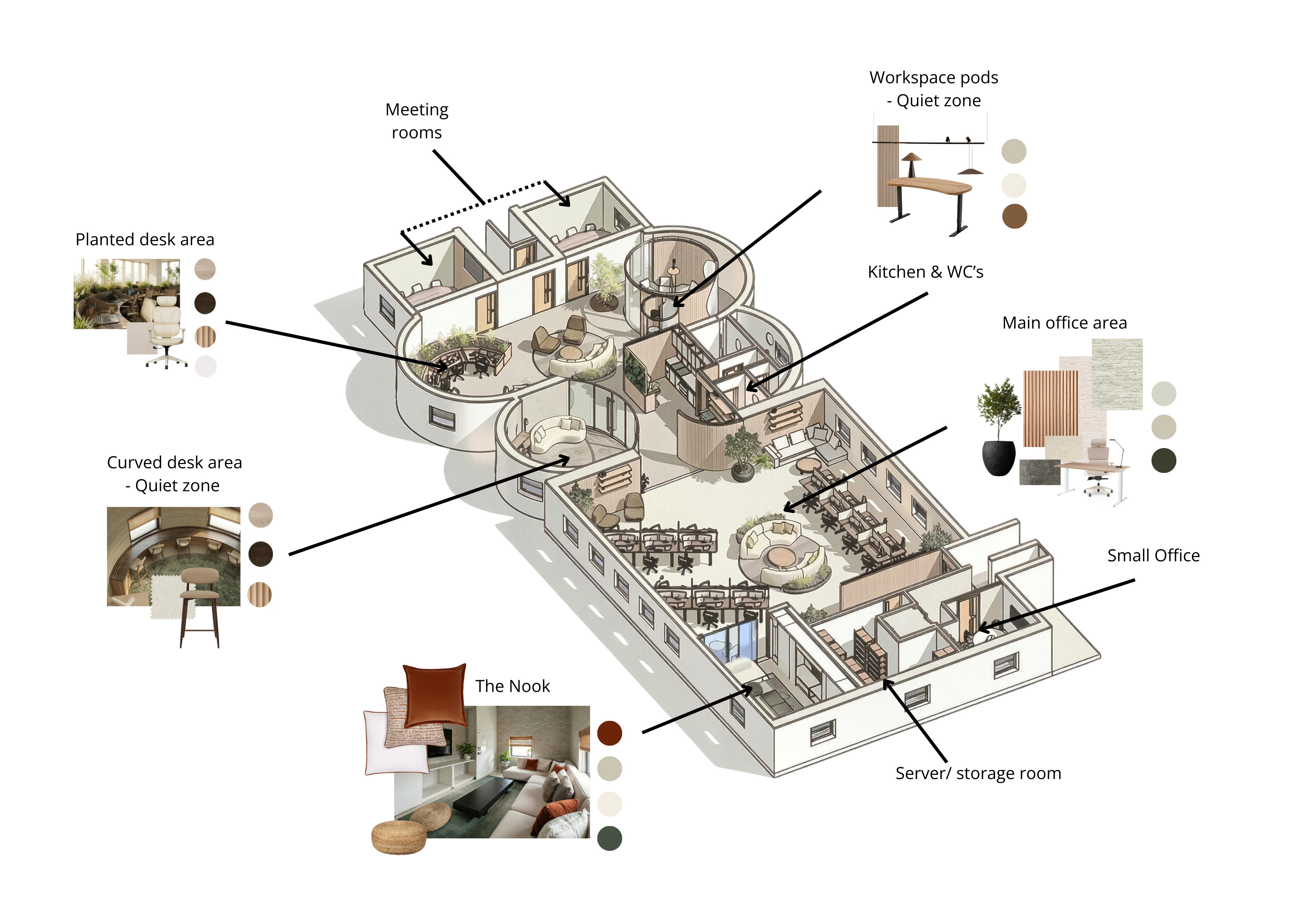 Isometric office floor plan diagram with labelled areas including meeting rooms, workspaces, kitchen, and storage, with material swatches.