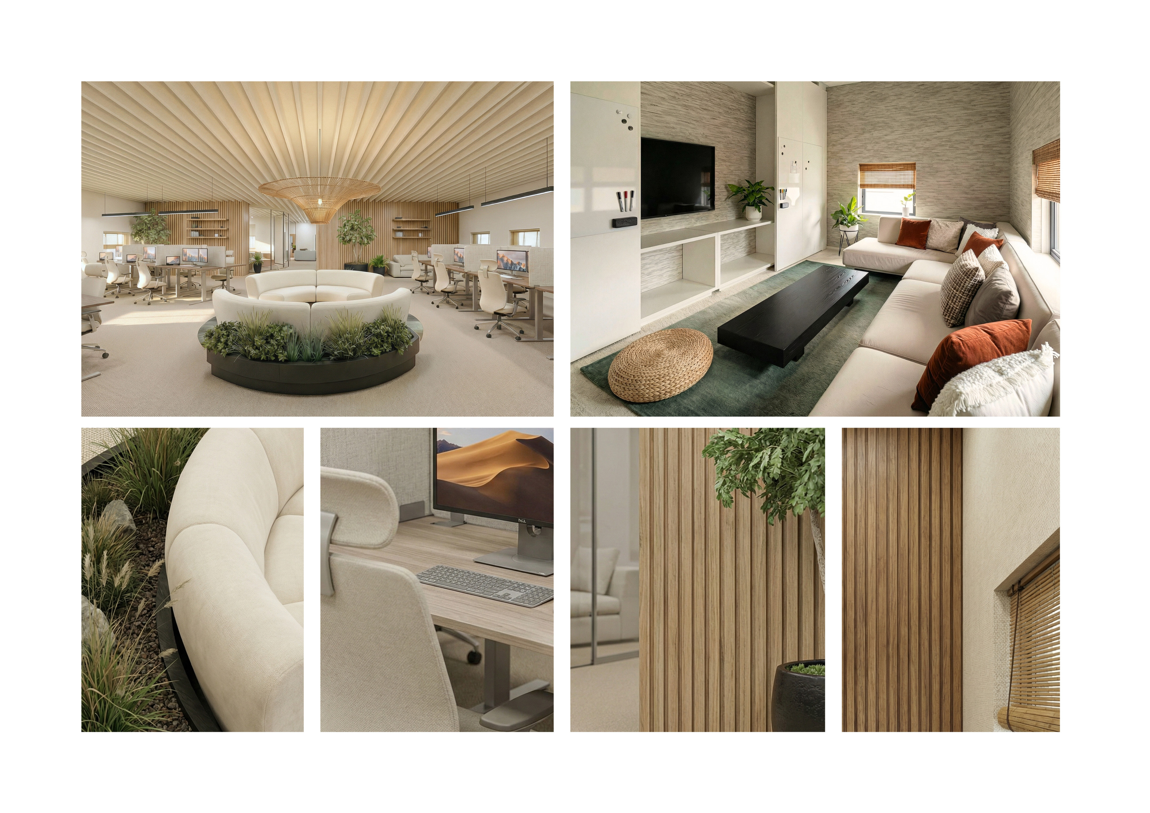 Interior design collage showing modern minimalist spaces with neutral tones, curved white furniture, wooden textures, and indoor plants.