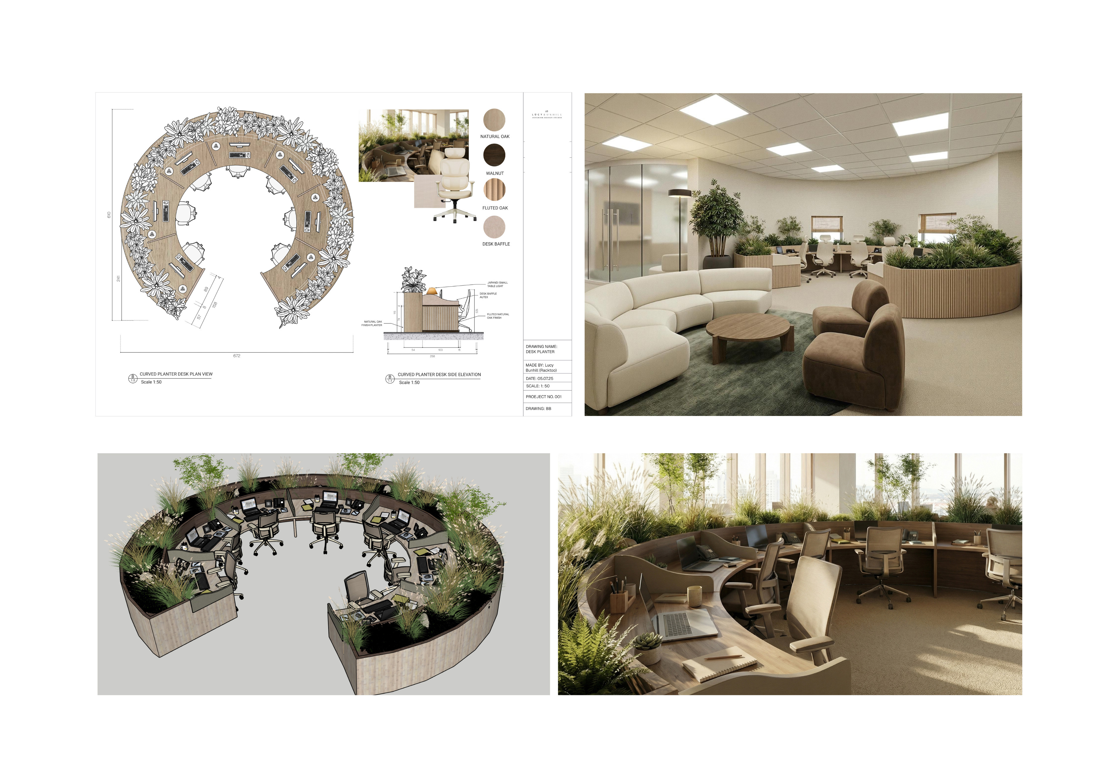 Four images showing curved office design: architectural plan with horseshoe layout, modern white waiting area with plants, 3D rendering of circular workspace, and contemporary office lounge with natural lighting.