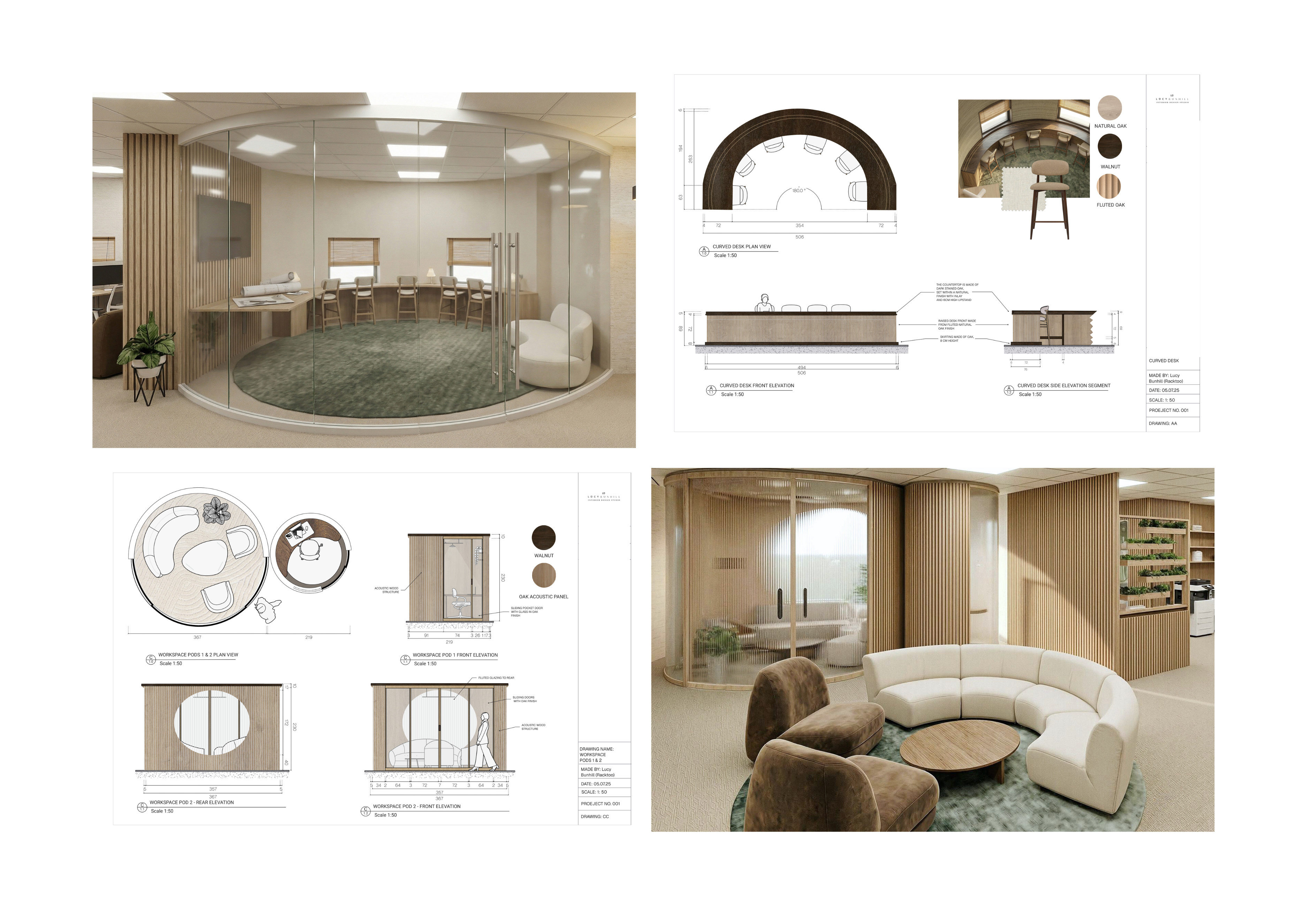 Interior design presentation showing luxury spa with circular pool, technical drawings, floor plans, and curved seating area in neutral tones.
