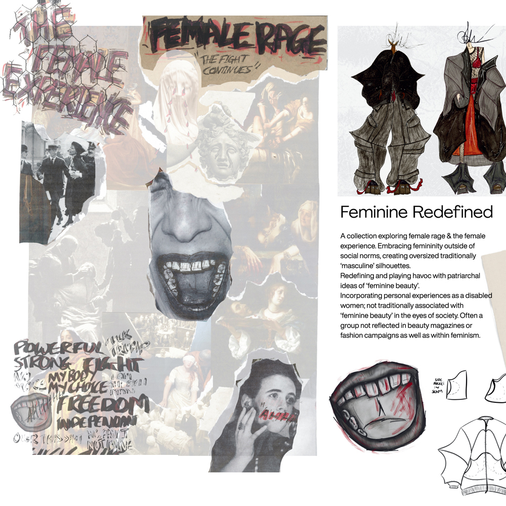 Fashion design mood board with sketches, text overlays, and garment illustrations in black, grey, white, and red colour palette.