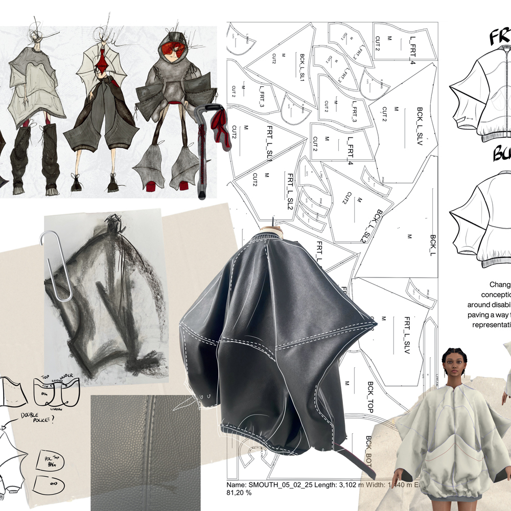 Fashion design development sheet showing grey hooded garments, technical pattern pieces, and figure wearing oversized white coat.