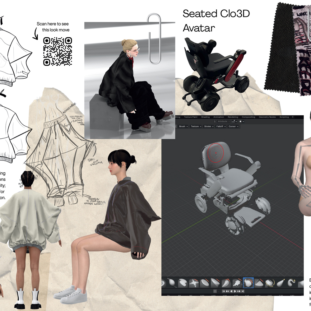 Design mood board with fashion sketches, seated figures, 3D avatar model, and fabric samples in neutral tones with black accents.