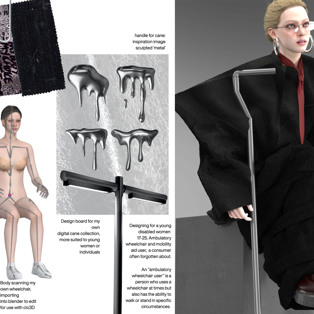 Design portfolio page showing wheelchair handles, walking aid, and figure in black clothing with mobility equipment.