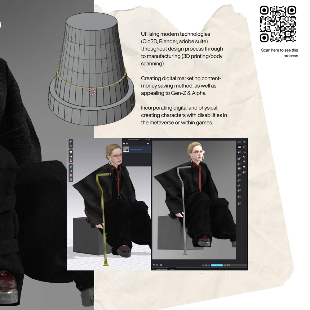 Grey wireframe cone structure above, computer screen showing two identical seated figures in black robes, QR code top right, beige background.