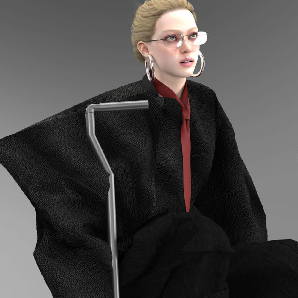 3D rendered woman with blonde hair and glasses wearing black clothing with red accent, sitting in modern chrome chair against grey background.