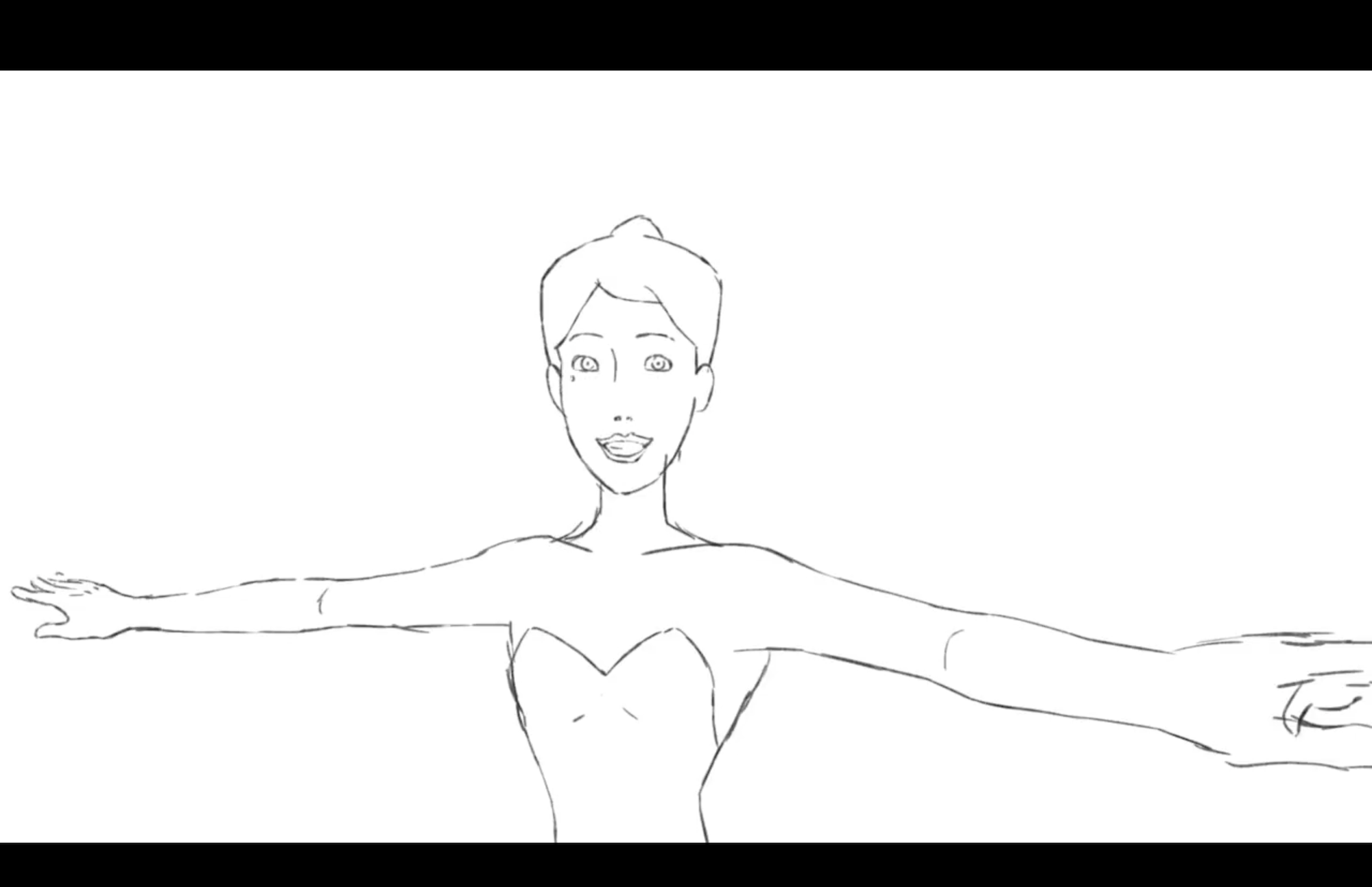 Line drawing of a ballet dancer with arms outstretched, smiling toward the viewer.