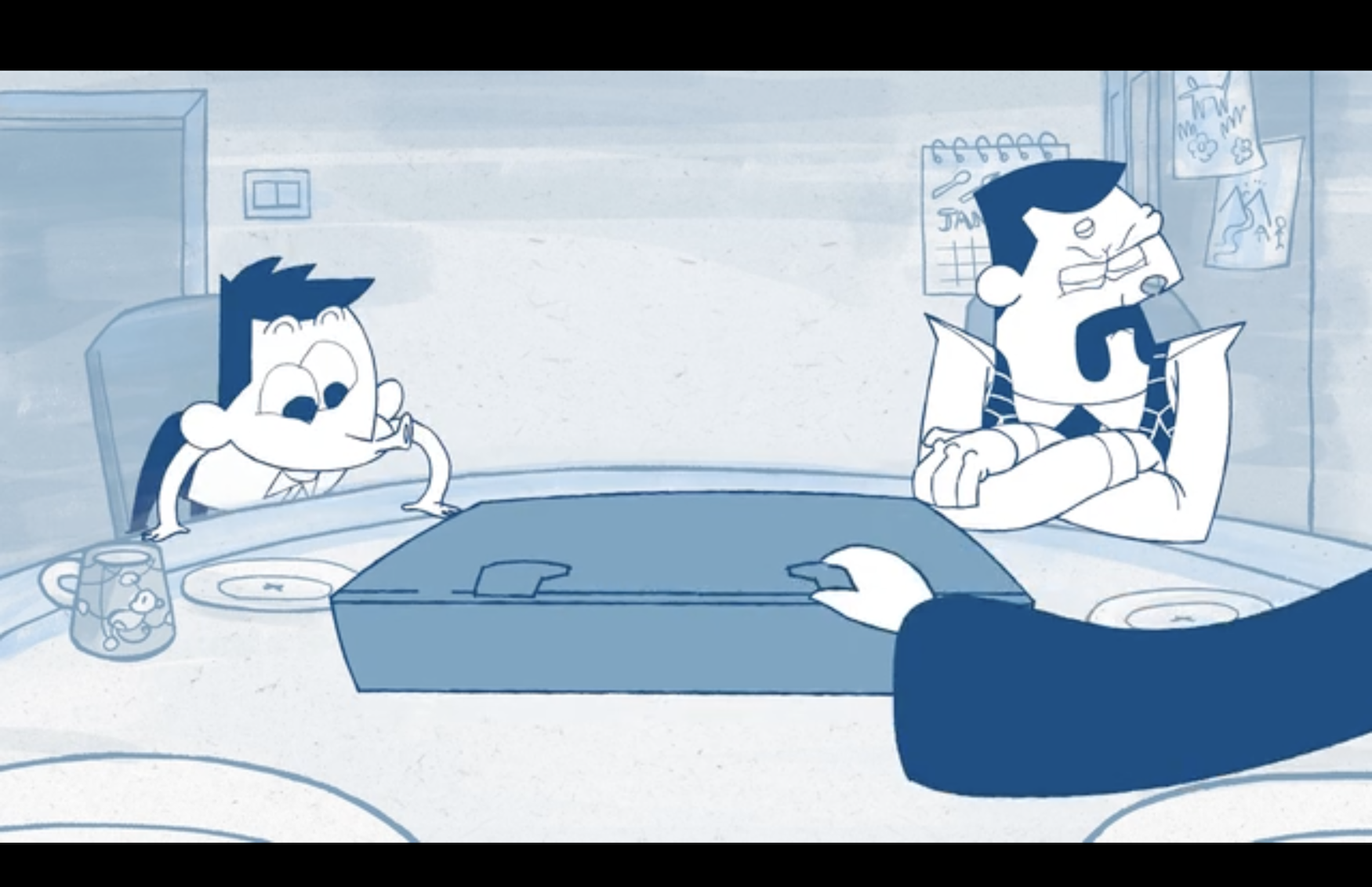 Two people sitting at a table, one looking curiously at a case on the table, the other with his arms crossed looking away angrily, while a third person prepares to open the case.
