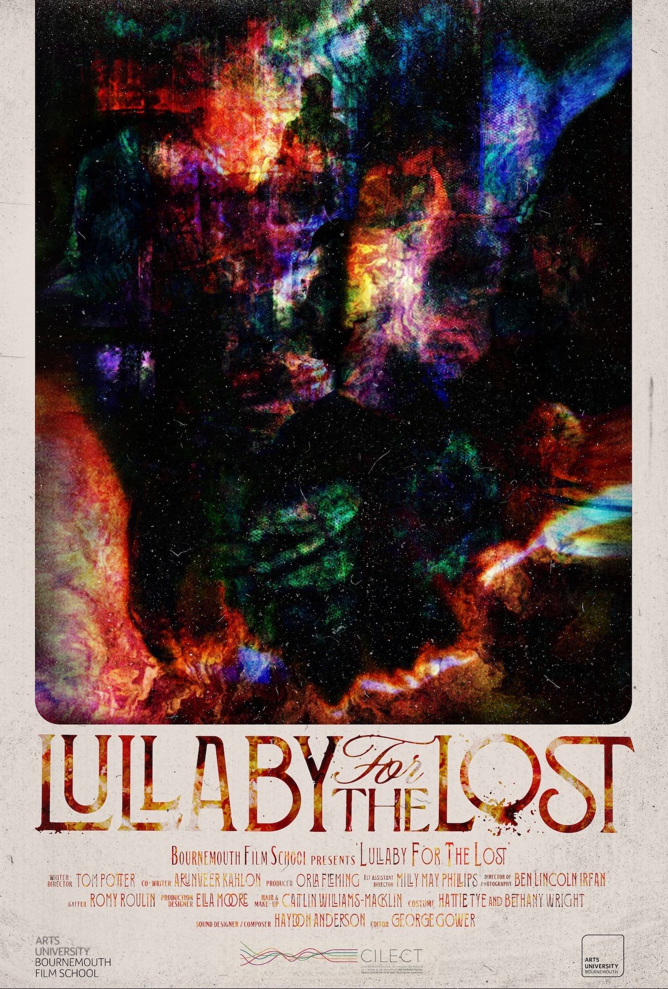 Film poster showing a multi-coloured abstract image, with the film title in various fonts reading "Lullaby for the Lost" appearing underneath.