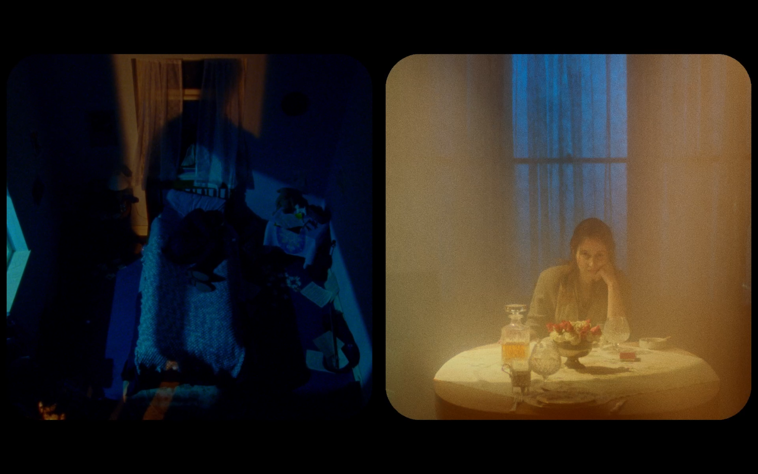 Two stills from the film "Lullaby for the Lost". The left image shows a dark room with a figure huddled on a sofa. The right image shows a misty room with a woman sitting at a kitchen table, with a window directly behind her.