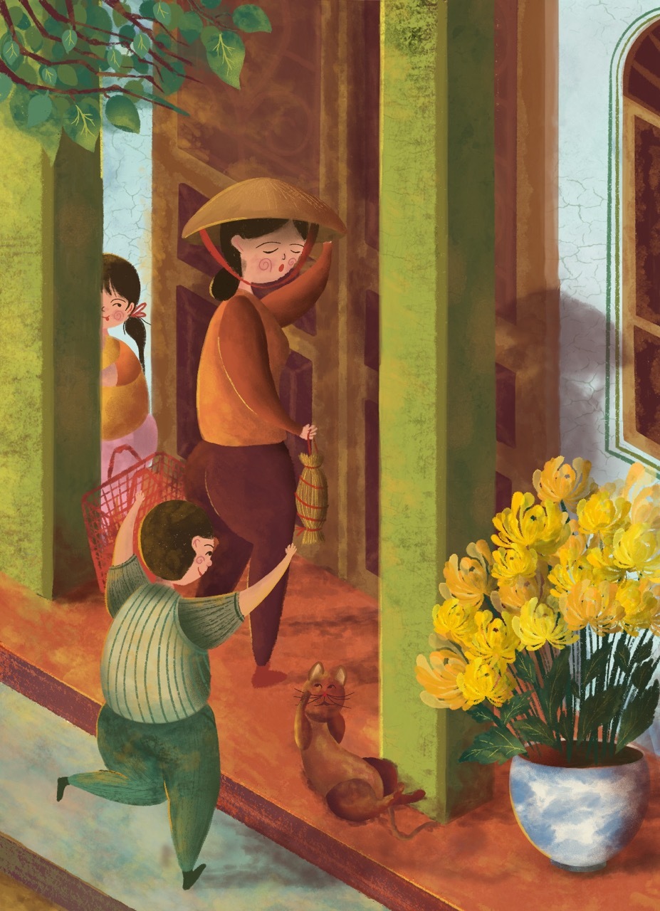 Illustration of asian mother children outside a house with yellow flowers and a cat.