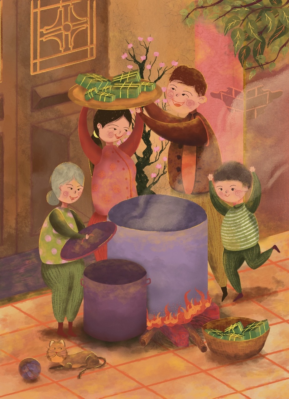 Illustration of an asian family around large cooking pots outside a house.