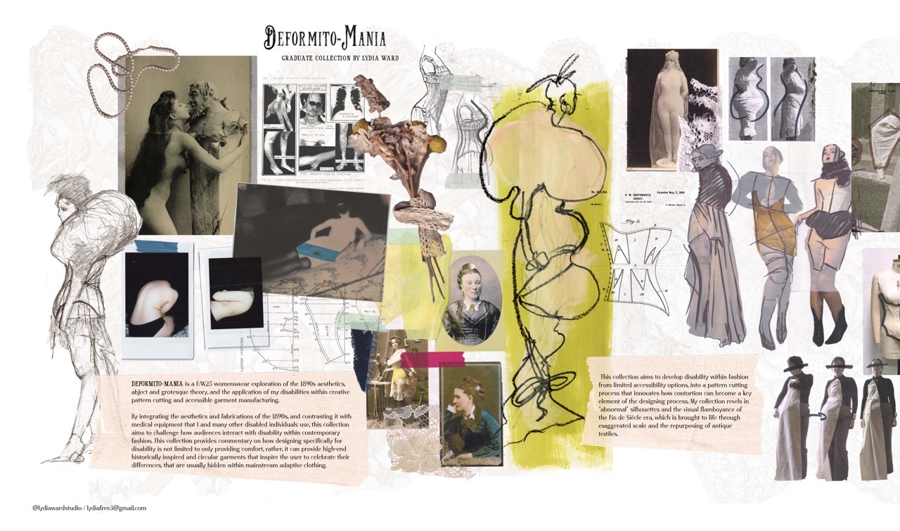 Mood board with sketches, photographs, and text arranged on white background. Yellow watercolour splash centre-left with black line drawings. Mixed media collage layout.