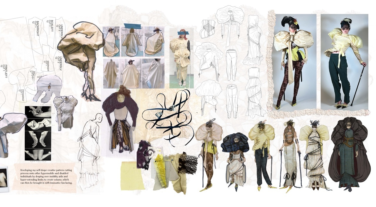Character design sheet with pencil sketches and coloured illustrations of figures in earth tones, greens, and browns against white background.