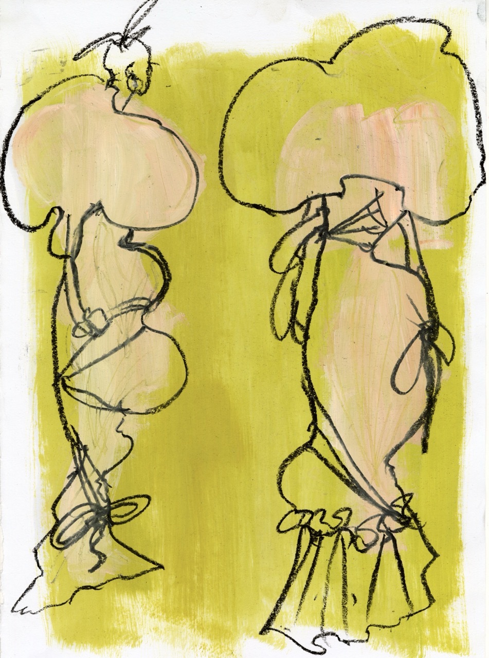 Sketch of two standing figures in black line on yellow-green watercolour background, loose gestural drawing style.