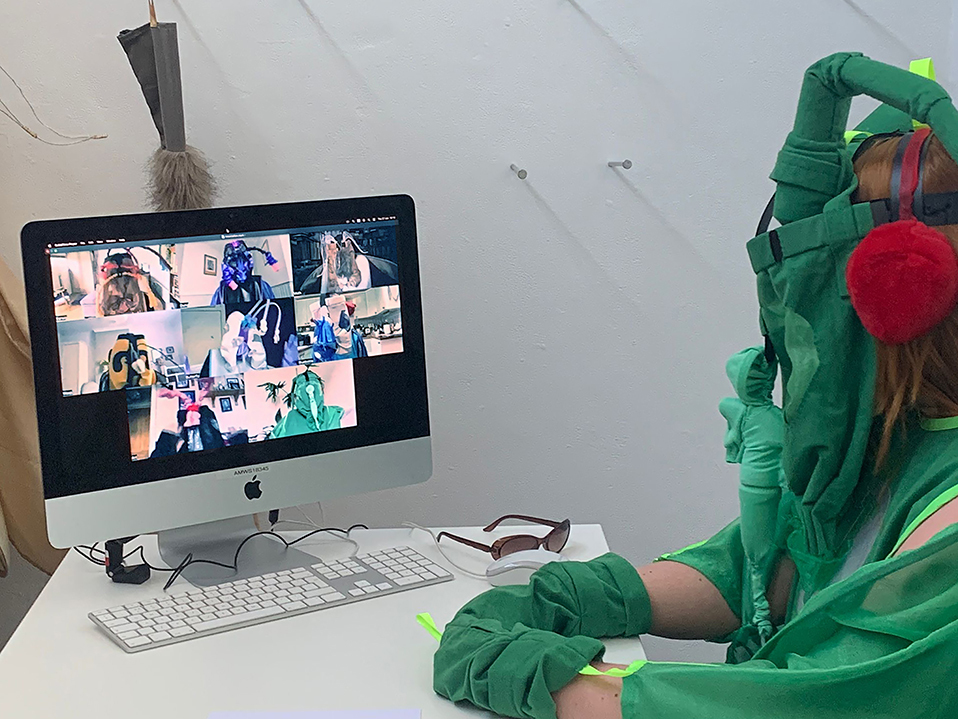 A member of the exhibition audience inhabiting the likeness of Aphid and listening to the insects Zoom meeting on the iMac.