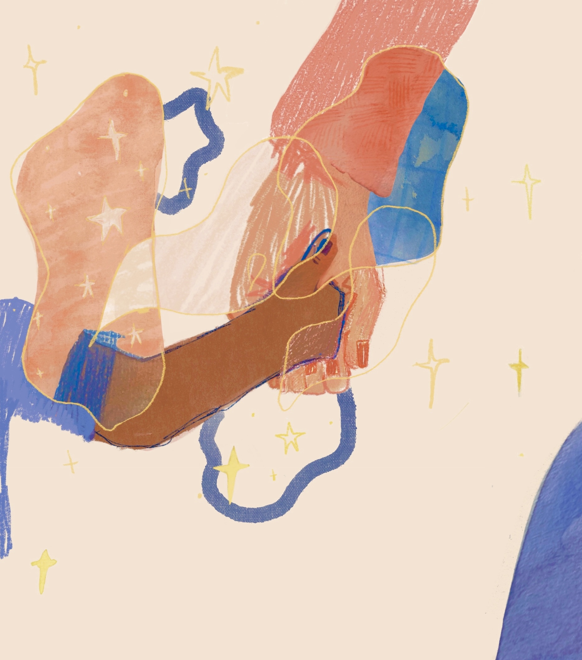 Illustration of an adult and child holding hands with patches of the illustration in deeper colour. Stars surround the hands.