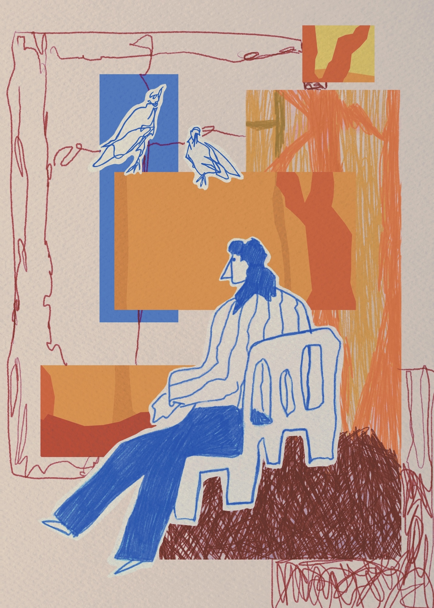 Colour line illustration of a person sitting on a chair-like object, with collage-style illustration of a tree and a pair of birds hovering above.