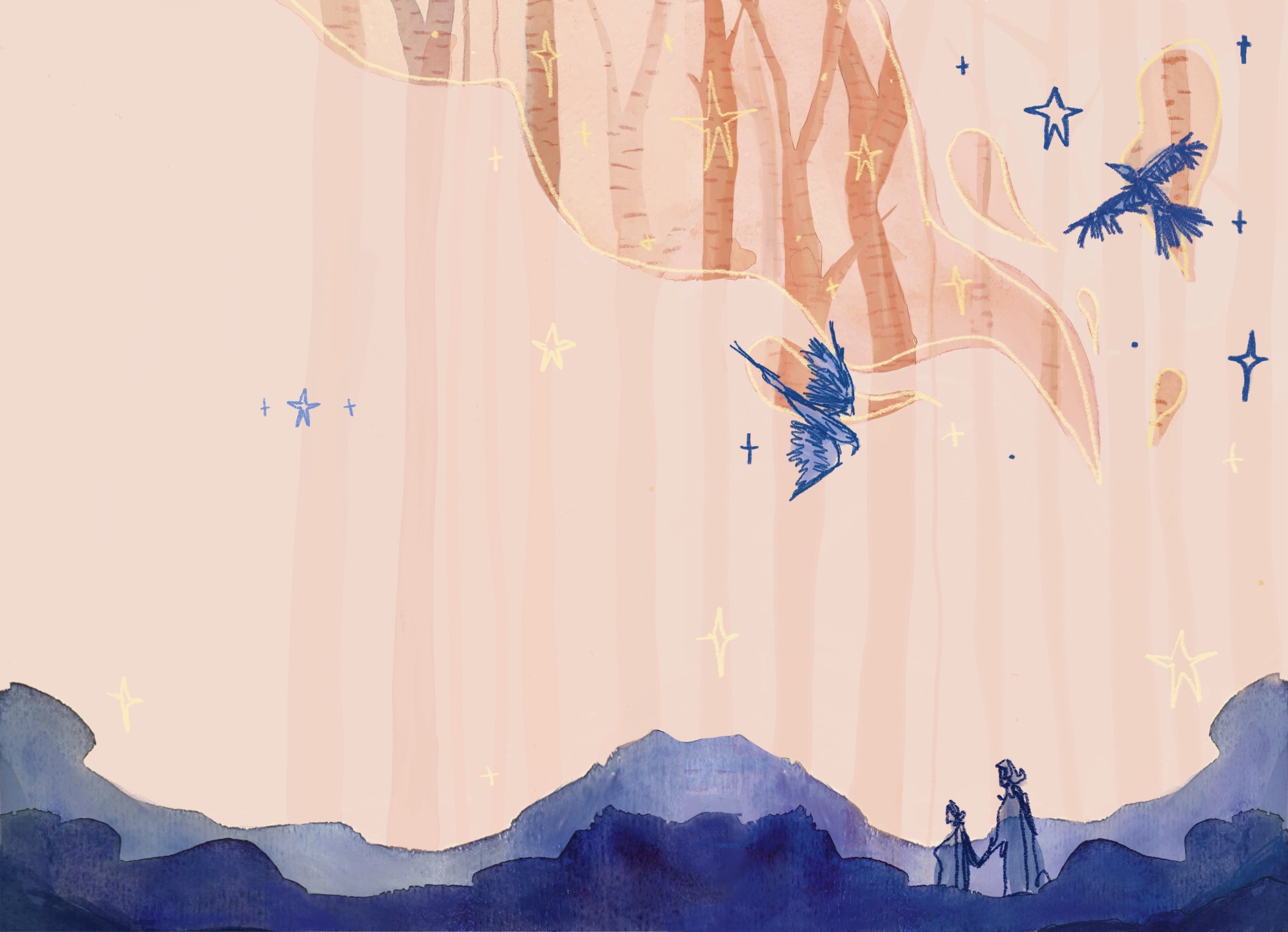 Illustration of two figures walking on dark hills, with birds flying in a pale orange starry sky, with trees visible in the background.