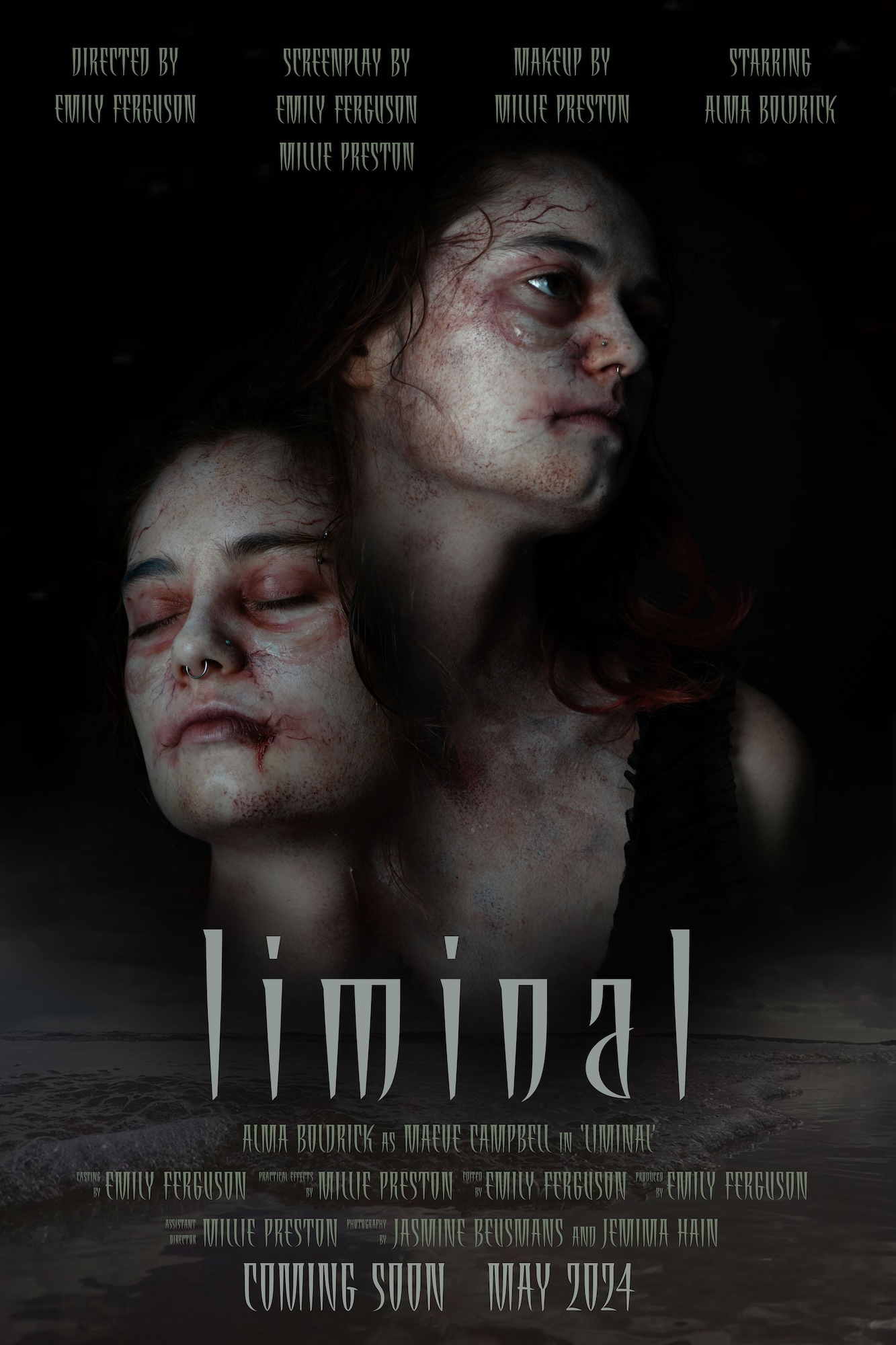 Film poster for the horror film "Liminal". Two images of the same young woman, one with eyes open, the other with eyes closed, both with pale, red-blotched skin. The film title "Liminal" appears towards the bottom of the poster, with the credits listed under it.