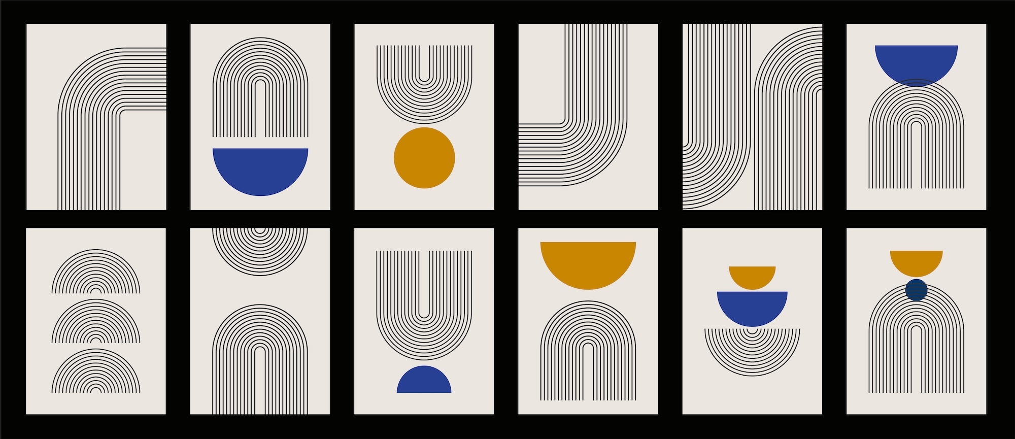 Grid of 12 images separated by a black border, each containing different abstract black, blue and yellow shapes in a Bauhaus style.