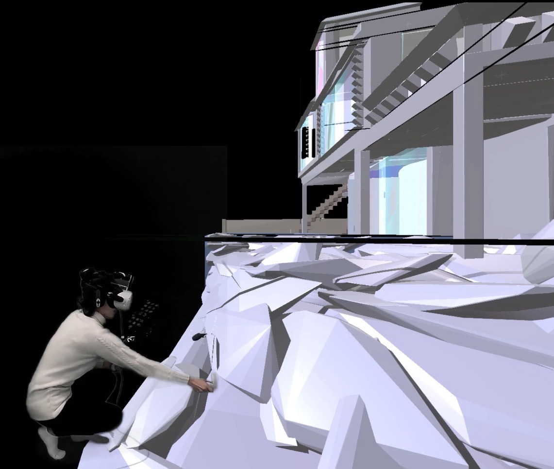 Student wearing a VR headset designing a 3D-rendered building, white and purple, dark background.