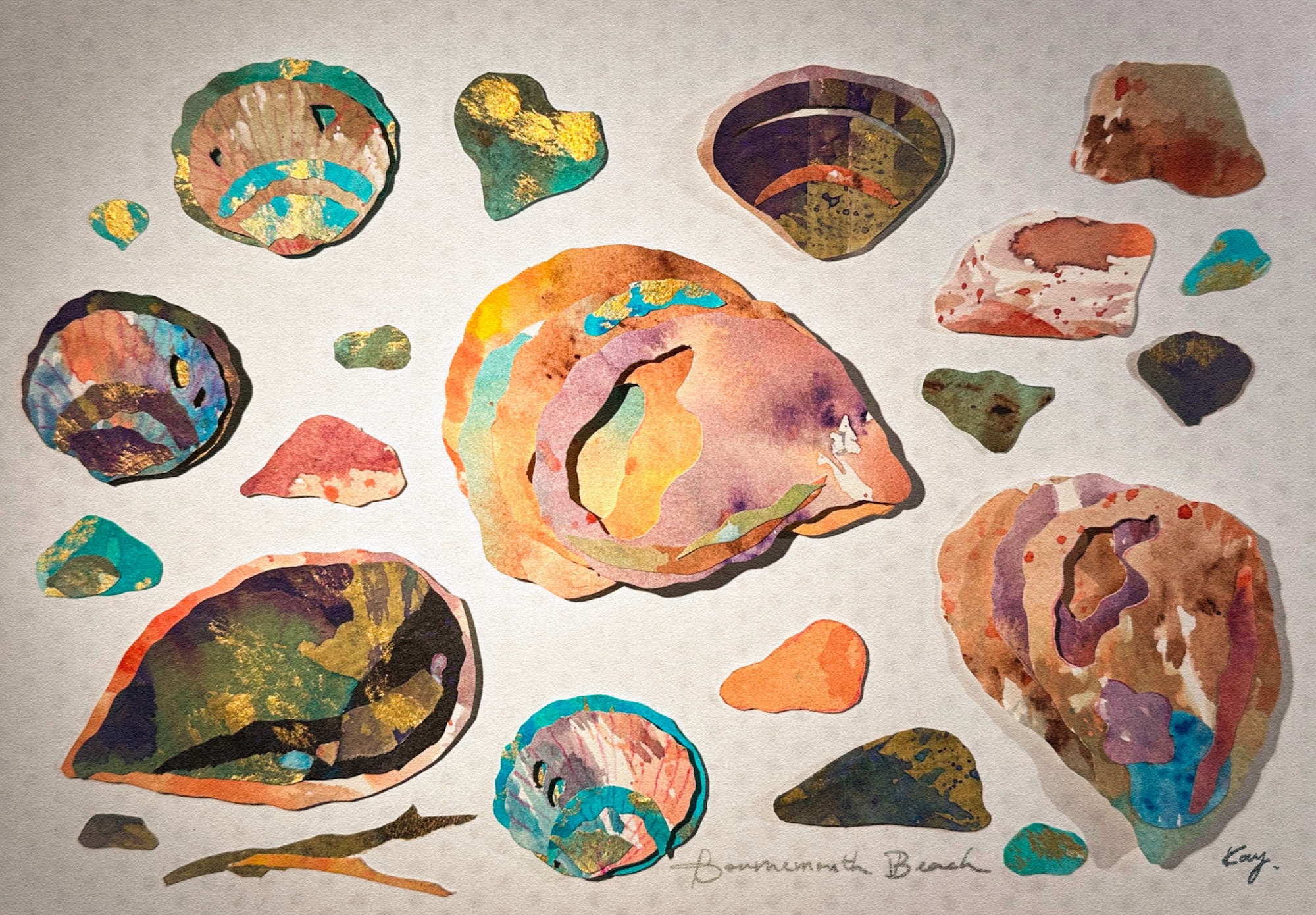 A collection of colourful, abstract shells and stones arranged on a light background. The shells display vibrant patterns and hues, including blue, orange, and purple, while small stones complement the design.