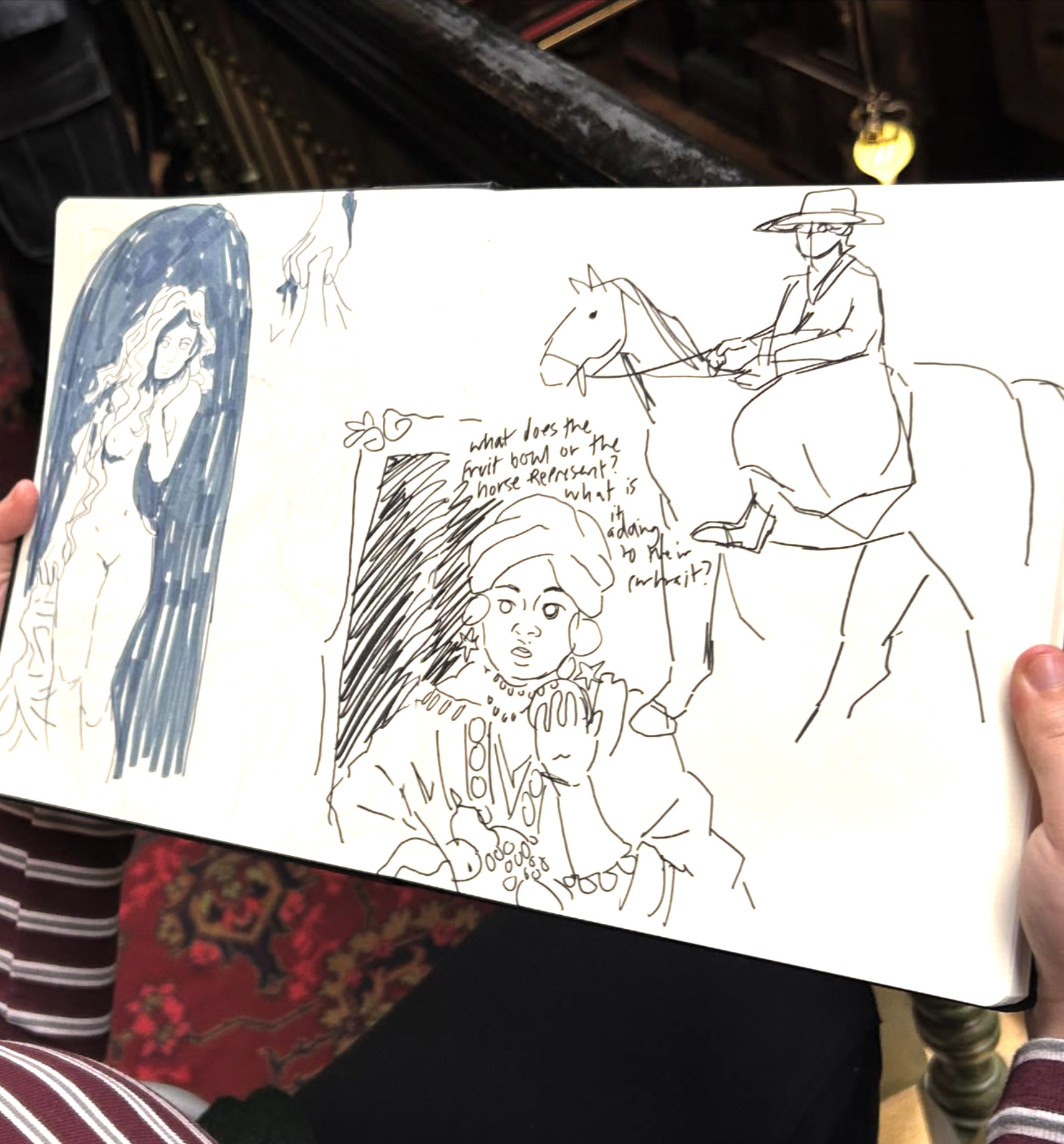 A sketchbook open to a page featuring two drawings. On the left, a woman is depicted in flowing lines. On the right, a horseback rider is shown in a wide-brimmed hat. Below the second drawing is text that questions a specific topic related to them.