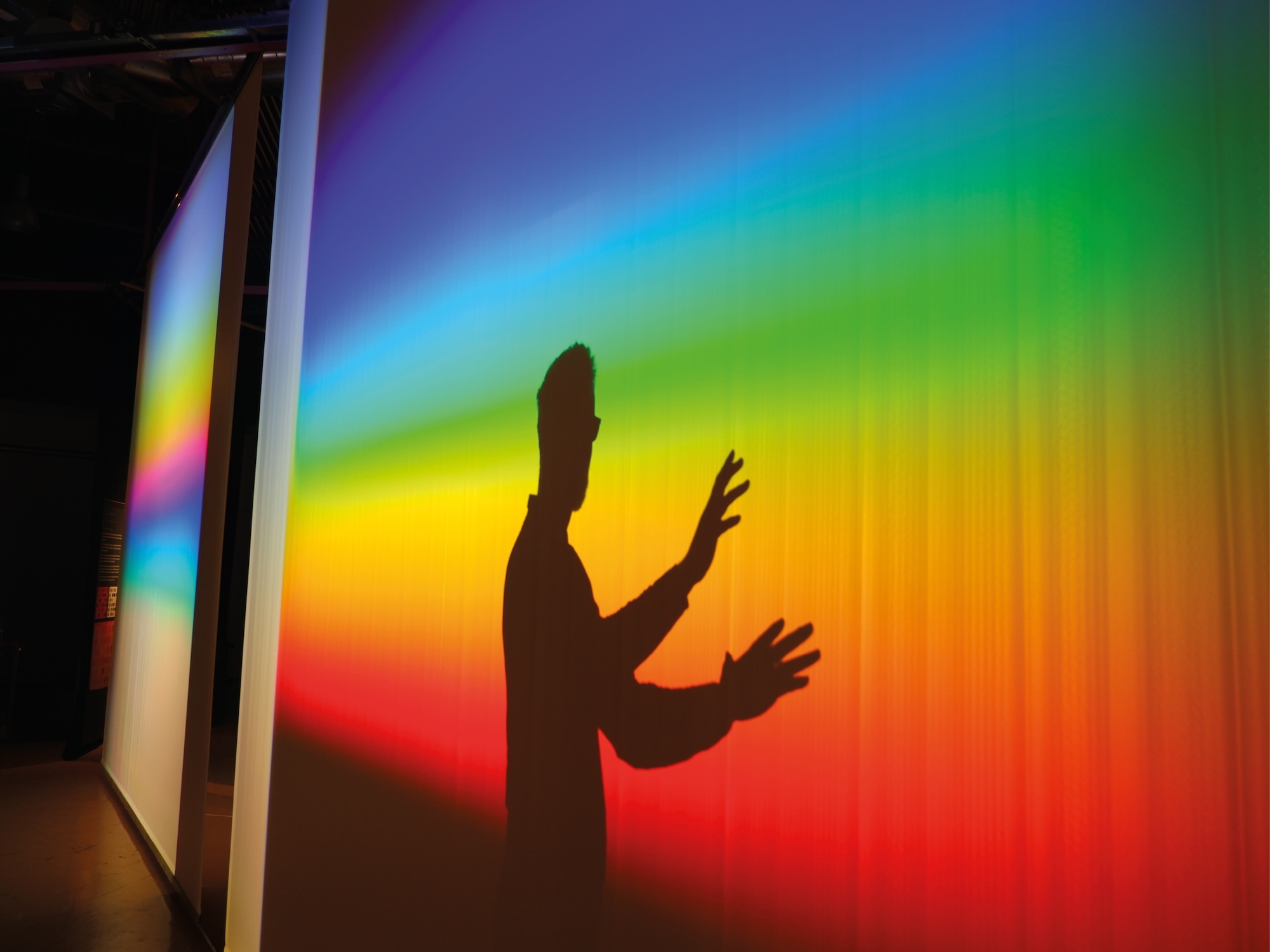 Dark silhouette of person with raised arms against vibrant rainbow gradient wall, transitioning from red at bottom through yellow, green, blue to purple at top.