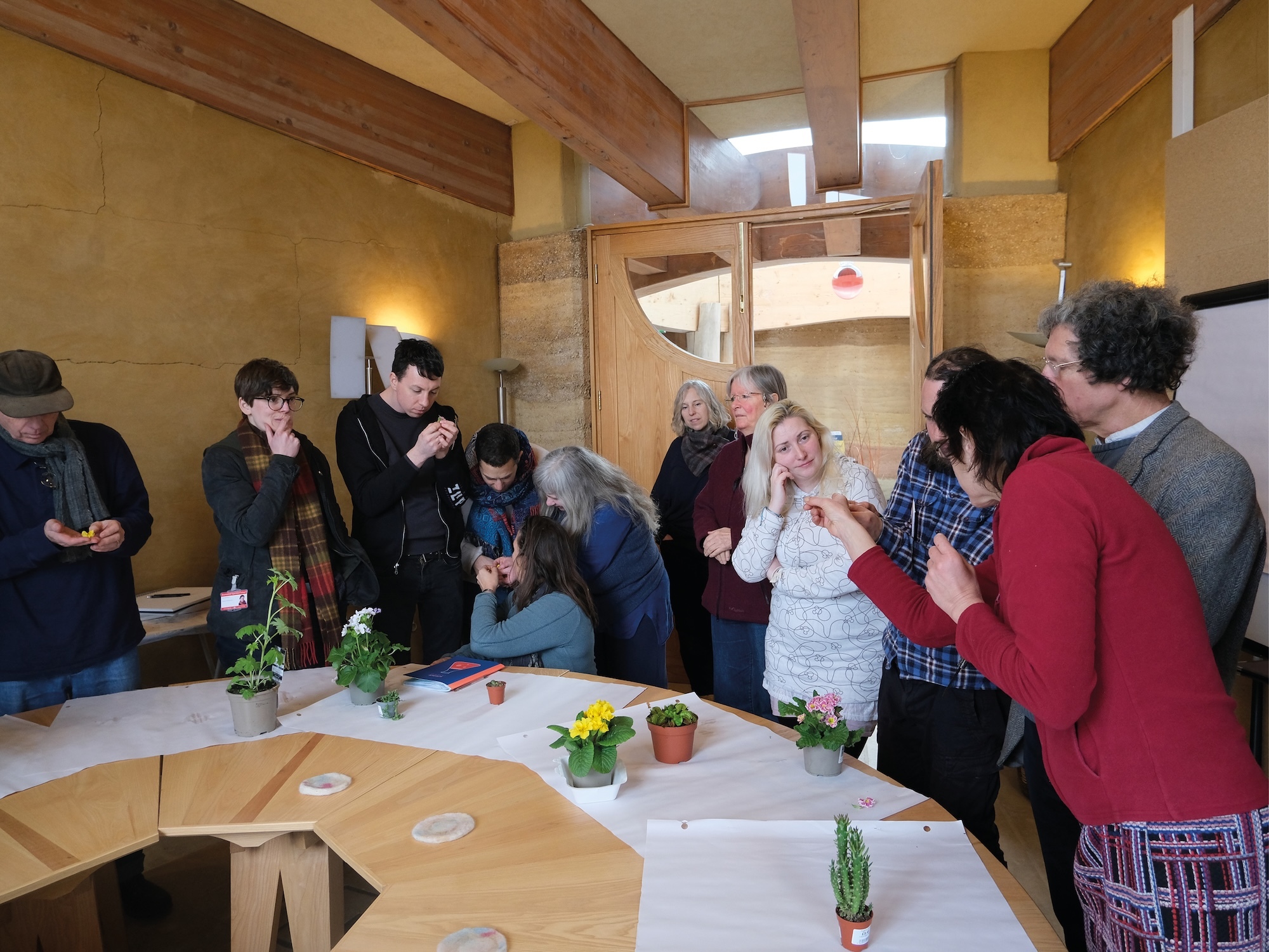 Group of people gathered around white table in modern wooden interior with exposed beams and yellow walls.