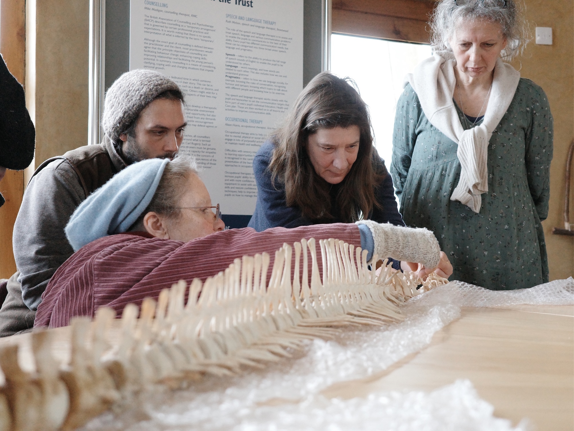 Four people examining large fossilised skeleton on table in museum or research facility, with informational posters on wall behind them.