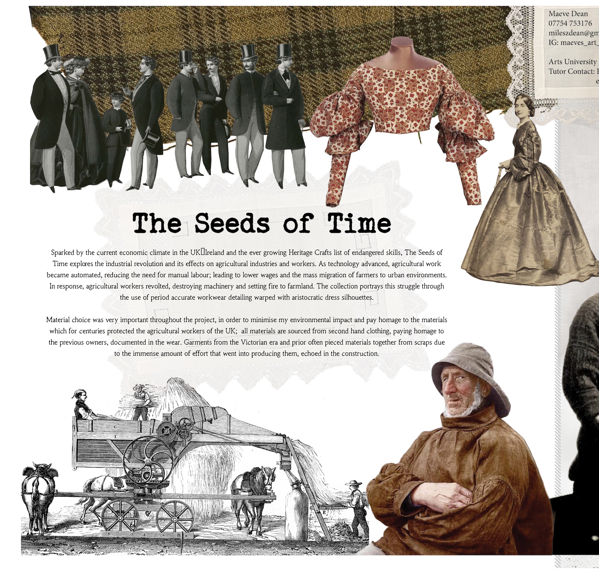 An illustrated exhibition poster titled The Seeds of Time, showing Victorian clothing, a historical farm machine and a man in period dress, with text blocks on a white background.