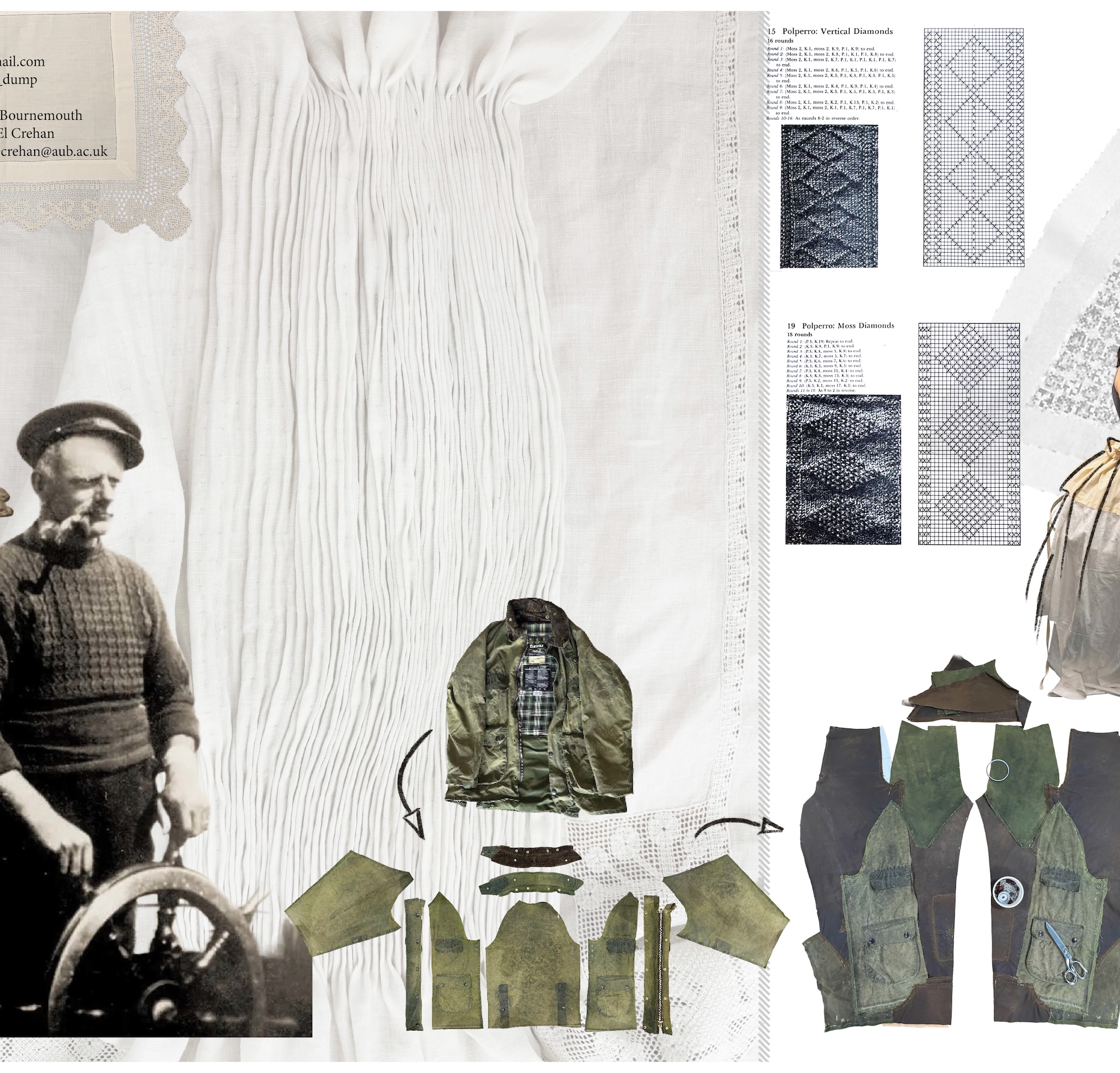 A fashion mood board for a green jacket, featuring fabric swatches, stitch pattern samples, and a collage of garment sketches on a white background.