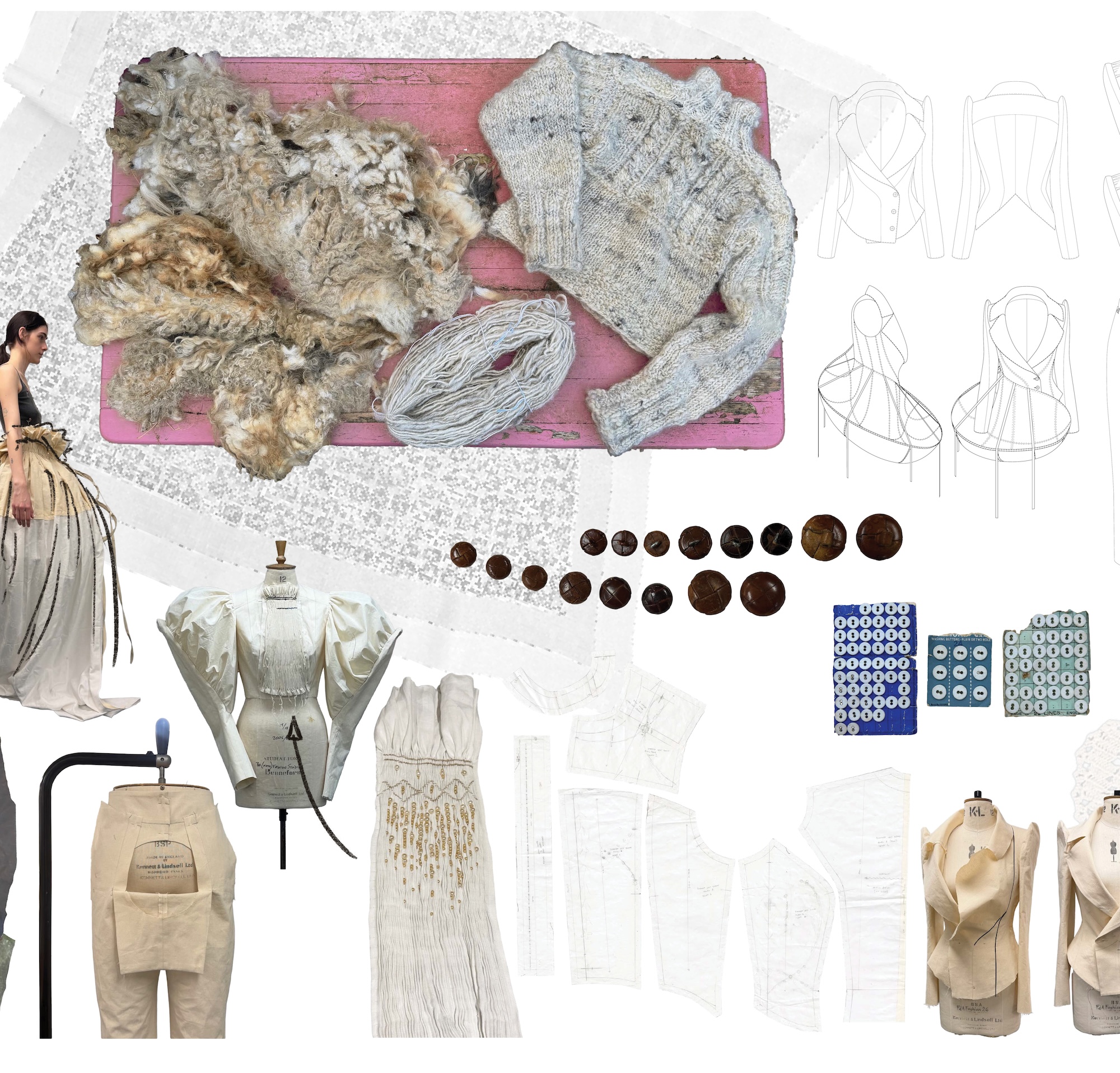 A fashion design mood board with fabric swatches, thread, dress sketches and garment patterns, arranged around a collage of cream-coloured clothing pieces on a white background.