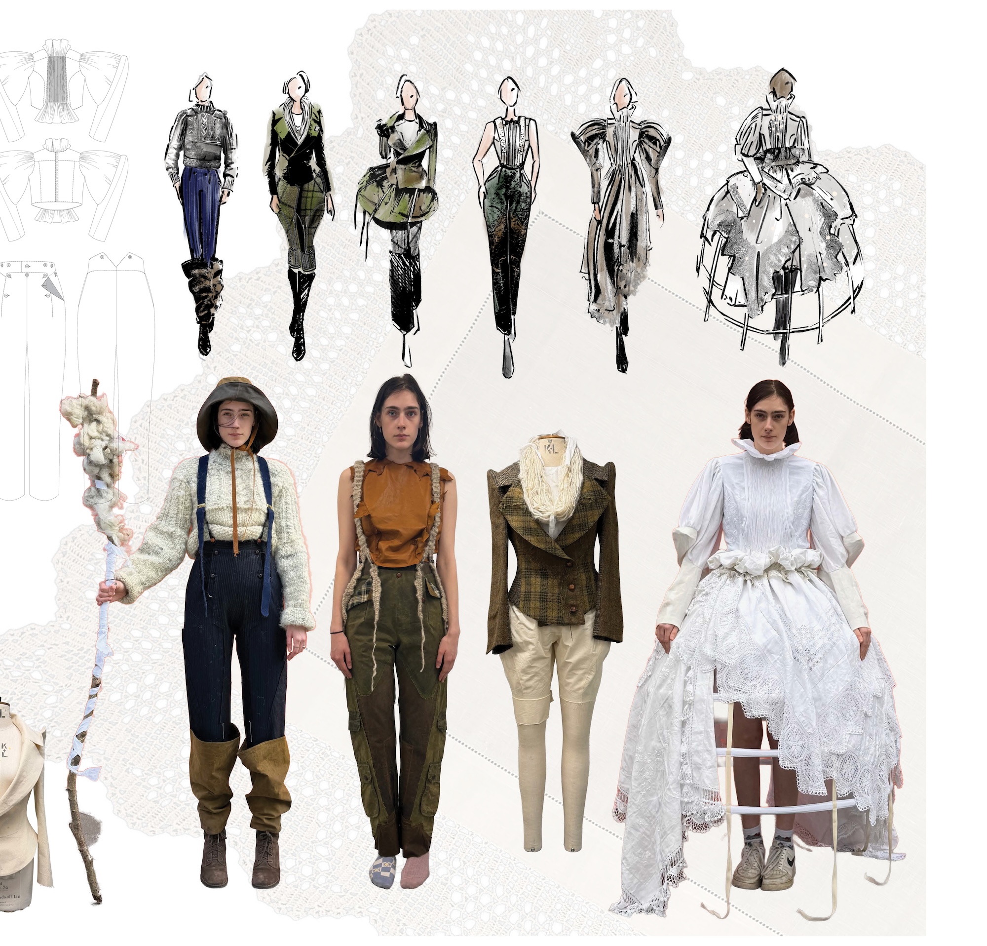 Fashion design board showing six women’s outfits, with four full looks modelled in front and sketch illustrations of the same garments above on a white background.