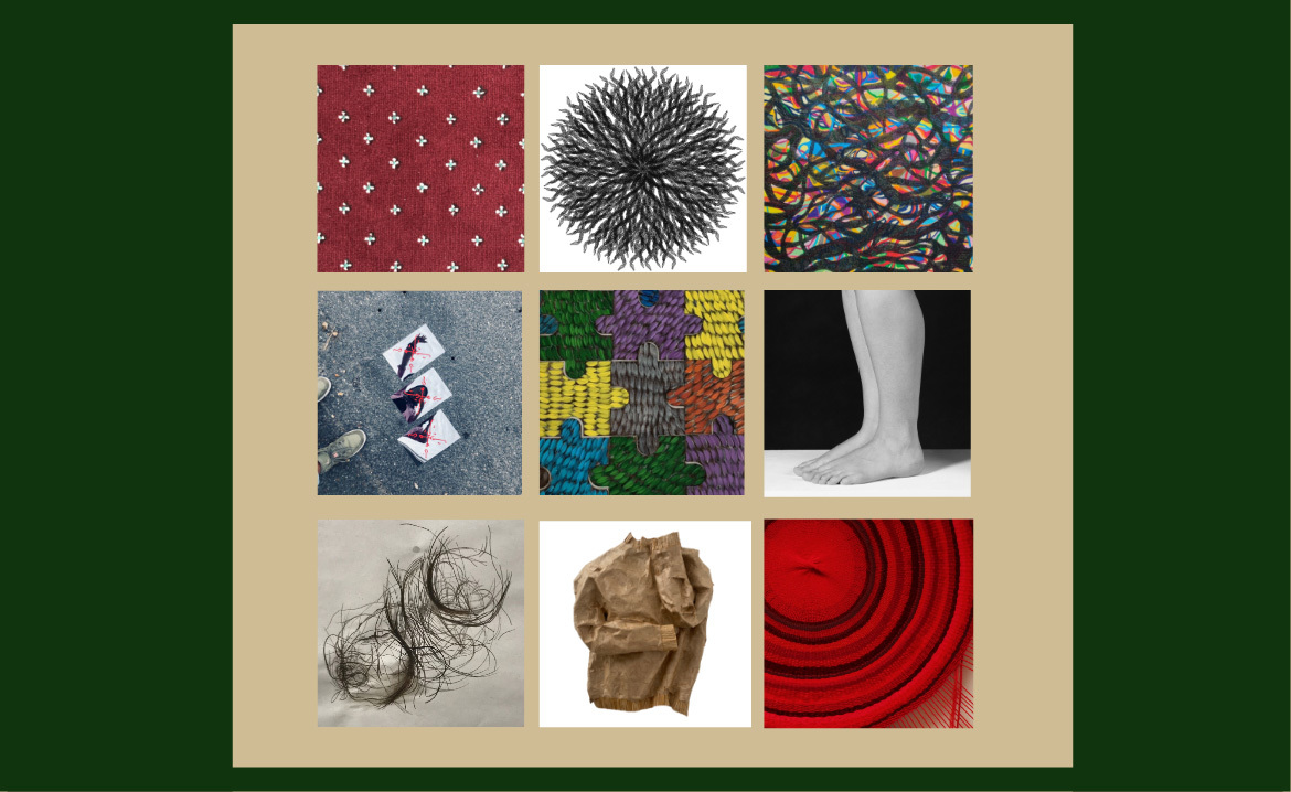 Square banner showing nine square panels with different abstract artworks in each.