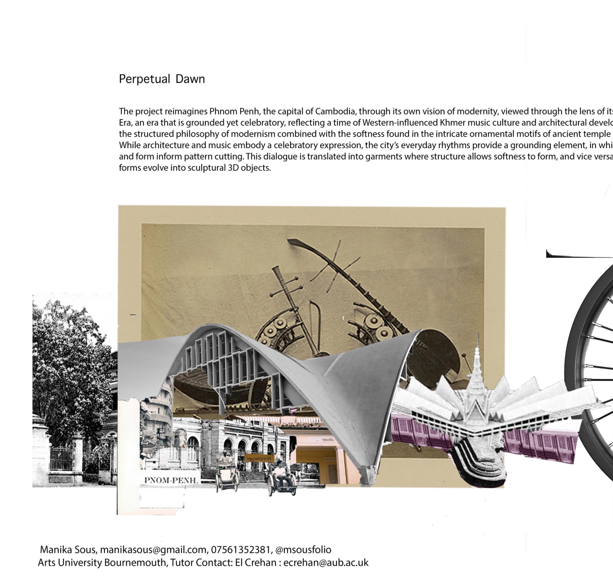 A collage-style poster titled 'Perpetual Dawn' shows layered architectural and industrial images, including a curved modern roof, a city street scene and a train station, on a white background.