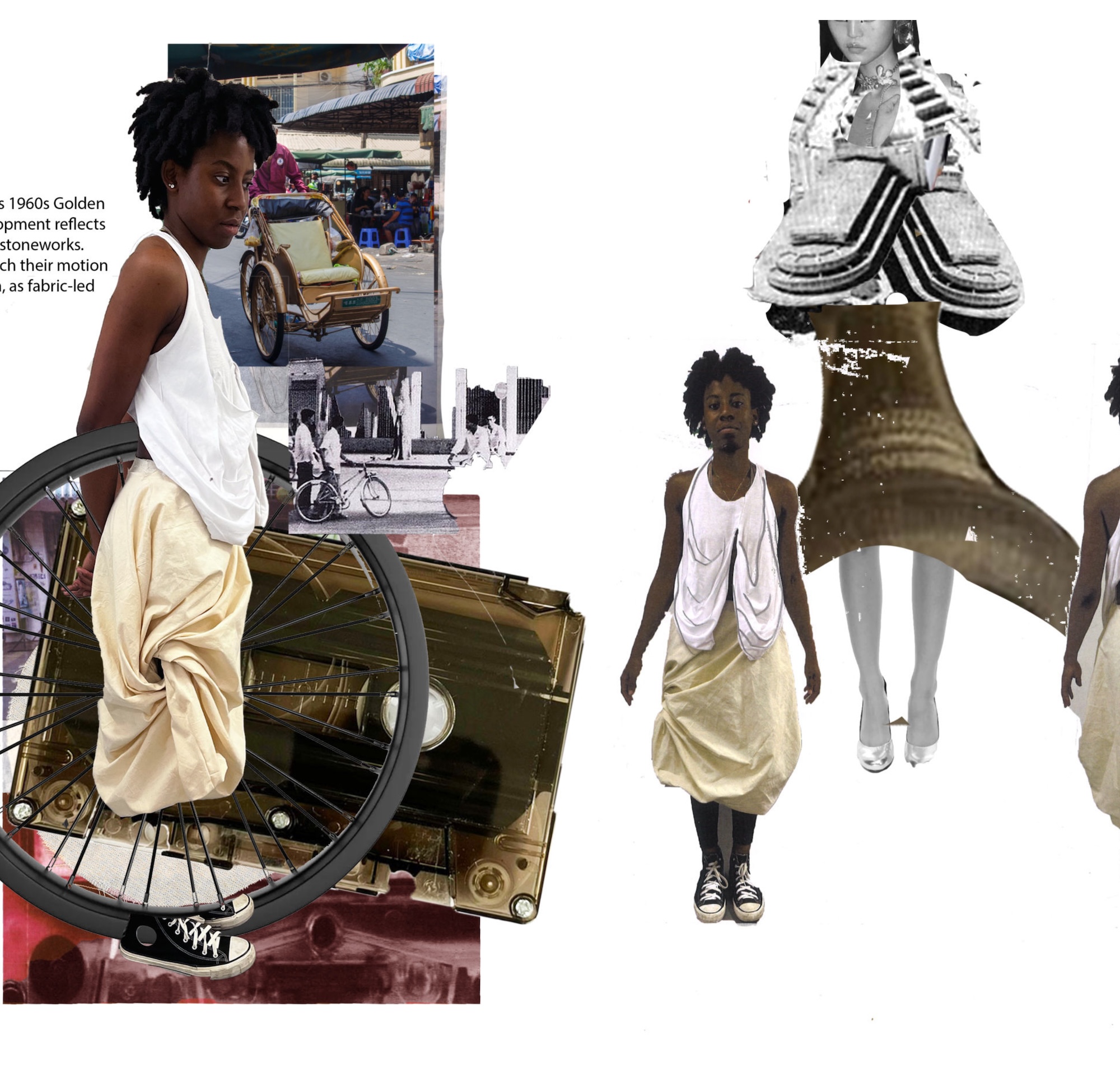 A collage shows a woman in a white top and cream skirt, with bicycle wheels and layered magazine cut-outs on a white background.